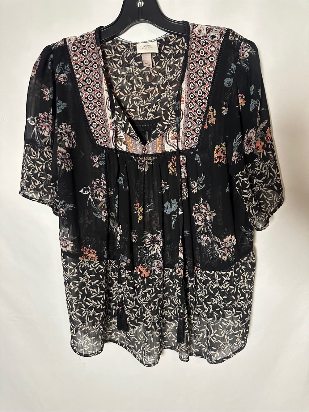 Knox Rose Black Floral Embroidered Boho Tie-Front Tunic